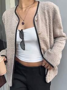 Siren Gaze 女士撞色滚边仿毛皮前开襟长袖外套，秋冬轻薄纽扣外套，休闲杏色绒面外套，黑色滚边，女士休闲款 - 卡其色 - 查看 7