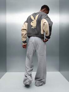 PLAYBOY X SUMWON Crop Fit Bunny Logo Pullover Sweatshirt With Contrast Sleeves And Ribbed Cuffs - Grey - View 1