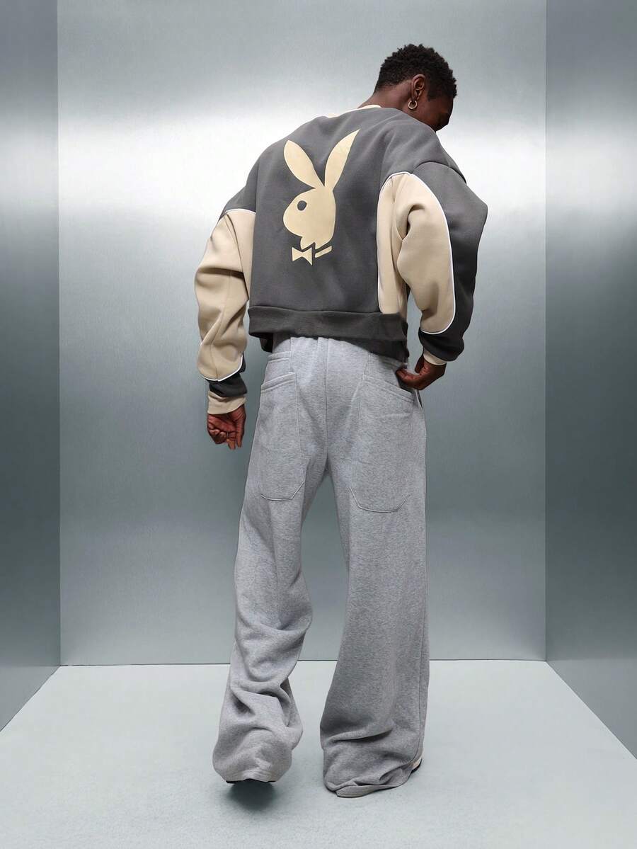 PLAYBOY X SUMWON Crop Fit Bunny Logo Pullover Sweatshirt With Contrast Sleeves And Ribbed Cuffs - Grey - View 1