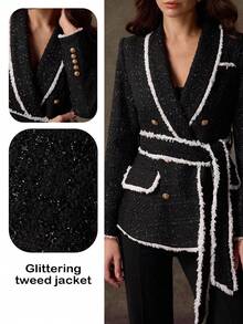 Lilora Women's Minimalist Tweed Business Blazer With Belt, Long Sleeve, Autumn/Winter,Business, Retro, Party, Resort, Outing, Old Money,Siren Coquettish, Prom, Ball, Valentine's Day, Cruise Attire, Commuting,  Richly Layered, Date Night, Gathering, Minimalism, Birthday, Formal Event,  Ibiza, Nashville, Break, Modest, Chic, Casual, Shopping, Street Wear, Going Out, Coquette,Sexy,Vintage,Street Wear,Boho,Formal,2000s Style,Casual,Hippie,Retro,Old Money Style - Black - View 6