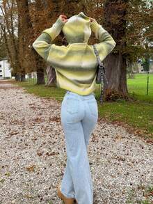 Jeta Ari Cropped Zip Through Oversized Hooded Knit Sweater Fall Autumn Old Money Cute Country Cottage Core Back To School Butter Yellow Casual Winter - Multicolor - View 2