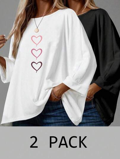 EMERY ROSE Casual Minimalist Ombre Heart Graphic Basic T-Shirt For Women, Suitable For Autumn/Winter