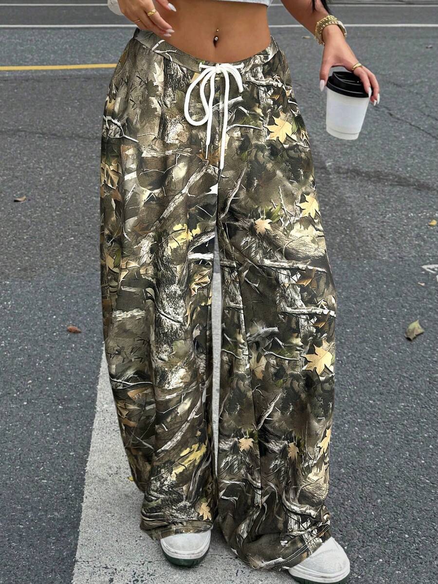 SHEIN EZwear 女式迷彩印花针织阔腿运动裤 - 彩色 - 查看 1