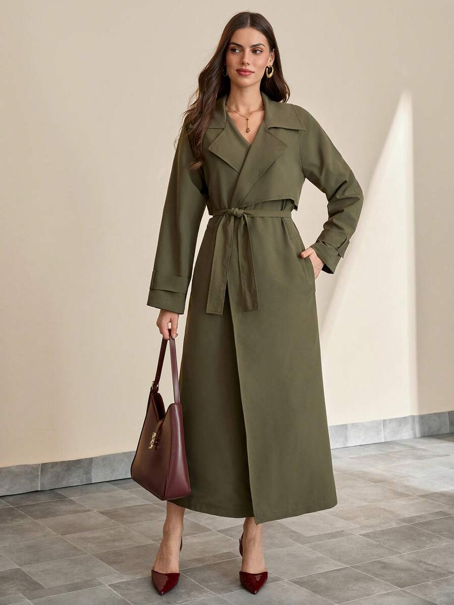 CLARA VERO Women's Green Loose Fit Long Elegant Trench Coat - Army Green - View 1