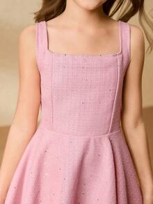 女童亮片粗花呢背带裙，高腰紧身蝴蝶结喇叭裙，优雅 - 粉色 - 查看 5