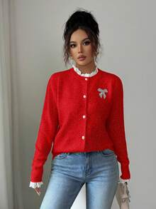 Elenzga Áo khoác cardigan nữ thanh lịch phối ren hoa, thích hợp mùa thu/đông, có khuy cài và nơ đính đá, áo len chui đầu sang trọng cho tiệc tùng và Giáng sinh/Năm mới, màu đỏ. - Đỏ - Xem 4