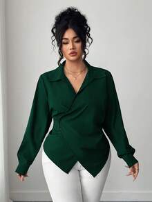 Elenzga Plus Size Women's Solid Color Asymmetric Hem Wrap Front Elegant Long Sleeve Blouse - Dark Green - View 3