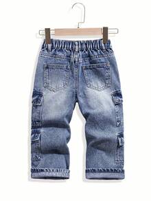 Young Boys Vintage Washed Blue Cargo Jeans With Multiple Pockets, Fashionable Streetwear Style, Must-Have Item For Fashion-Conscious Kids - Dark Wash - View 2