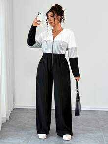 EMERY ROSE Plus Size V-Neck Ring Zipper Decor Long Sleeve Soft Knitted Ribbed Fuzzy Tricolor Contrast Splice Casual Jumpsuit, Home Jumpsuit Fall - Multicolor - View 1