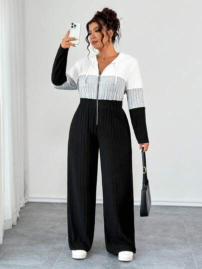 EMERY ROSE Macacão casual plus size com decote em V e zíper decorativo, manga comprida, malha macia, canelada, felpuda, tricolor, contraste, emenda, macacão para casa