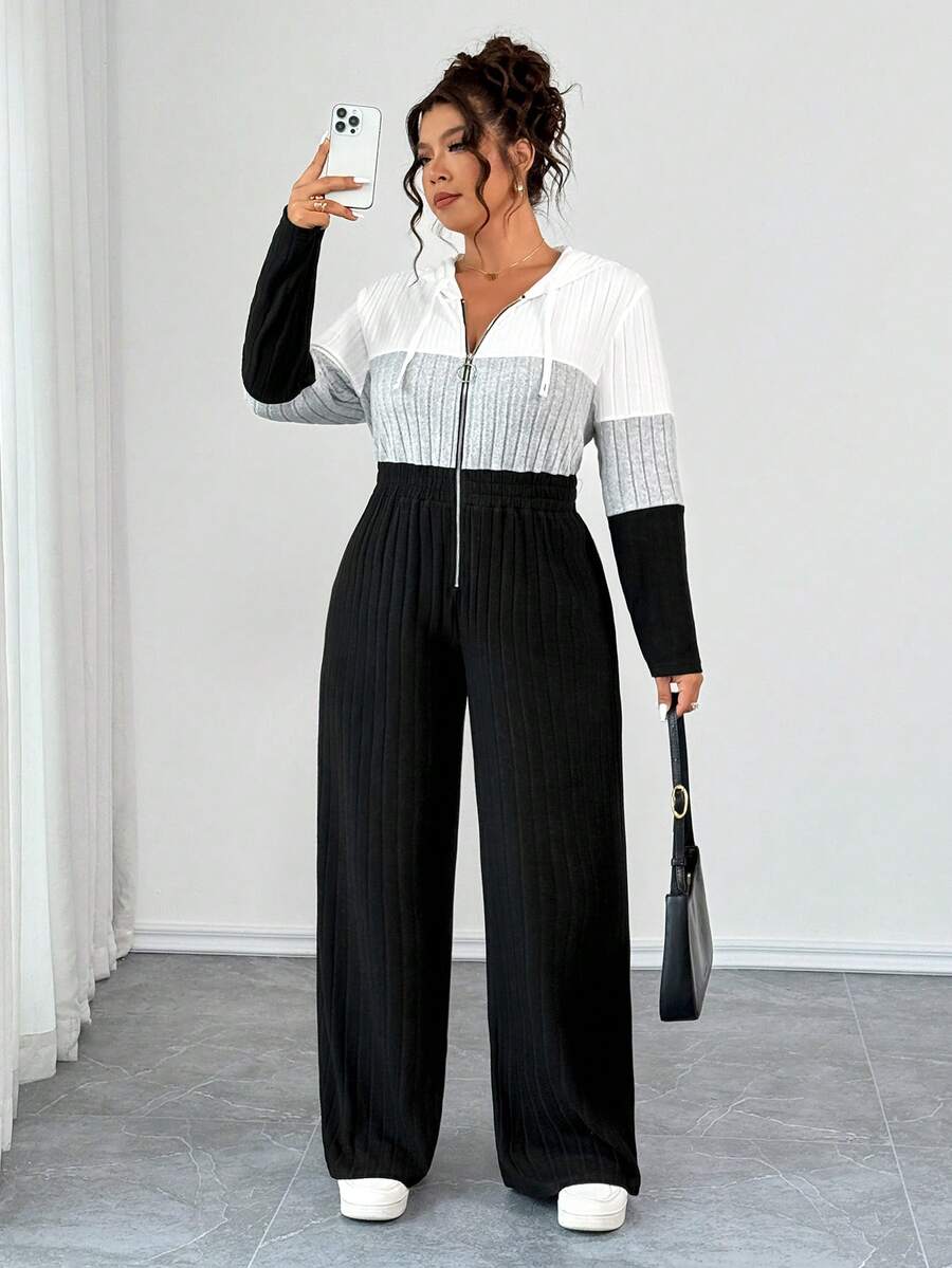 EMERY ROSE Plus Size V-Neck Ring Zipper Decor Long Sleeve Soft Knitted Ribbed Fuzzy Tricolor Contrast Splice Casual Jumpsuit, Home Jumpsuit Fall - Multicolor - View 1