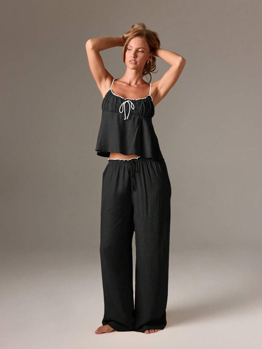 AiiRZ Drawstring Ruffle Cami Pajama Set With Wide Leg Trousers Loungewear Sleepwear For Summer - Black - View 1