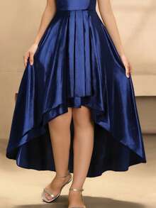 Tween Girls' Elegant Navy Blue Winter Formal Wedding Guest Satin Dress,Off Shoulder Sleeveless Waist-Cinched High Low Hem Prom Birthday Party Gown - Blue - View 4