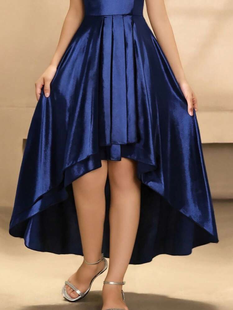 blue dress short in front long in back Navy Blue Asymmetric Viscose Dress: Short Front, Long Back