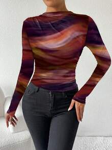 Chiquease Camiseta de manga larga asimétrica con pliegues y estampado degradado, camisetas gráficas para mujer de otoño/primavera - Naranja - Ver 3