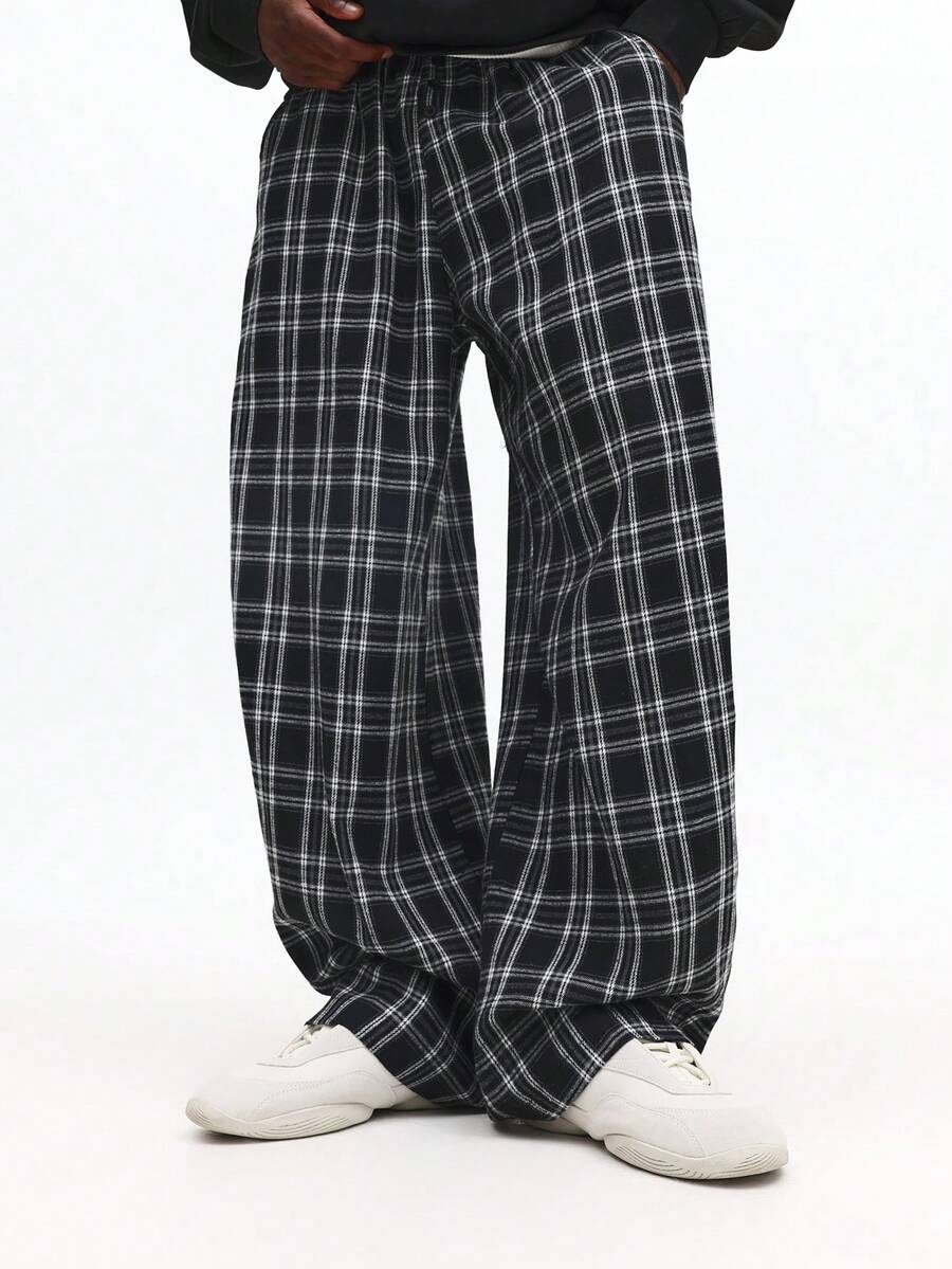 SUMWON 宽松格子裤阔腿格子裤休闲街头风宽松阔腿格纹图案秋冬舒适穿搭 - 黑與白 - 查看 1