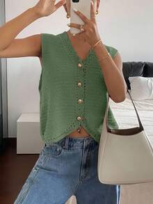 SHEIN Frenchy 秋冬女士纯色单排扣V领休闲针织背心 - 墨綠色 - 查看 5