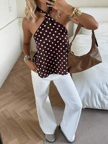 MainGRL Summer Tops  Brown Party Women's Summer Fashion Halter Tie Polka Dot Print Blouse Chocolate Brown Top Pokadot Top Halter Tops For Women - Coffee Brown - View 4