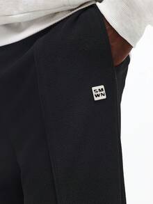 SUMWON 高级纹理宽松喇叭裤，褶裥设计，抽绳腰带，休闲舒适纯色运动裤 - 黑色 - 查看 5