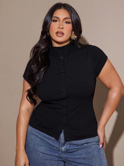 SHEIN BAE Blusa de manga corta con cuello mao y botones delanteros ajustada para mujer de talla grande