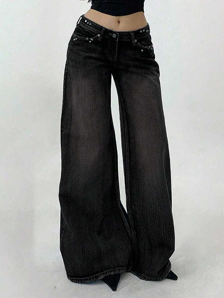 Casual Dark Grey Wide Leg Denim Jeans For Women With Zipper Closure Long Length Y2k