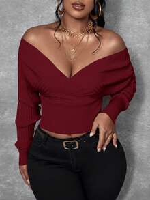 SHEIN SXY Women's Solid Color Off-Shoulder Long Sleeve Fitted Fashionable Sweater, Autumn/Winter Off The Shoulder Long Sleeve Bodysuits For Women Long Sleeve Cleavage Top Tops For Women Sexy,Christmas Sweater Women,Red Top,Christmas Sweater