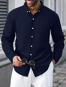 Manfinity Homme 大码男式纯色长袖单排扣休闲正装衬衫 - 藏蓝色 - 查看 3