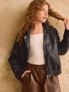 女童休闲简约粗犷黑色 PU 夹克，秋冬 - 黑色 - 查看 1