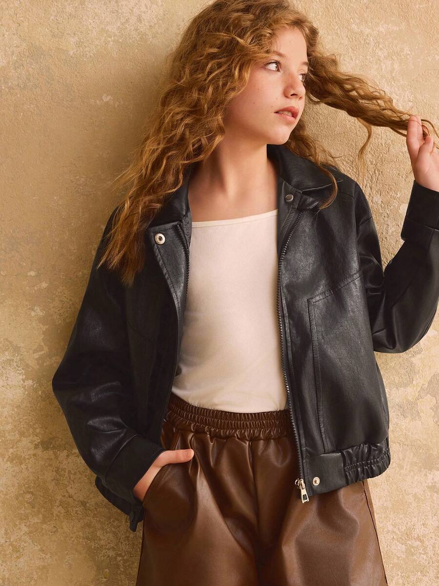 女童休闲简约粗犷黑色 PU 夹克，秋冬 - 黑色 - 查看 1