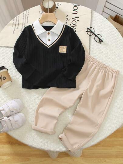 SHEIN Genkimix Kids 2 件套年轻男孩休闲假日二合一 Polo 领上衣 + 纯色裤子，适合日常穿着、上学、旅行、户外玩耍、春秋季