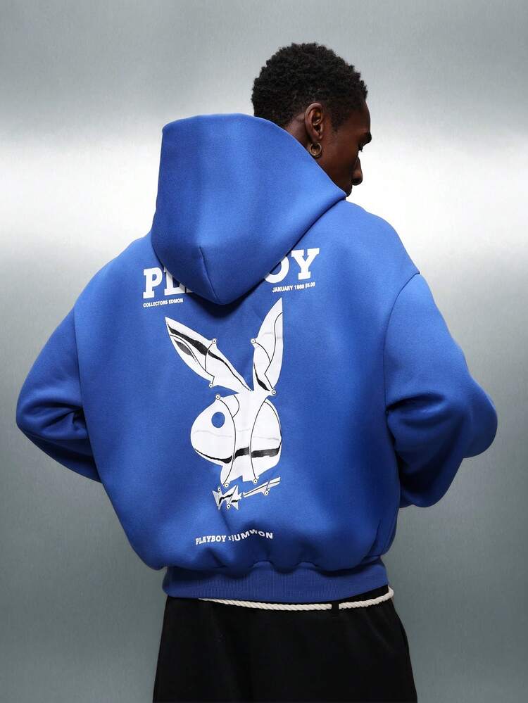 PLAYBOY X SUMWON Printed Zip-Up Hoodie With Centre Pocket