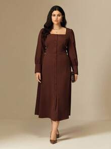 Juhart Plus Size Women's Elegant Commuter Brown Square Collar Single-Breasted Puff Sleeve Long Sleeve Fitted Slim Long Dress