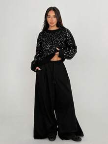 SHEIN MOOSTA Fashionable Sequin Embellished Party Sweater For Women - Black - View 3