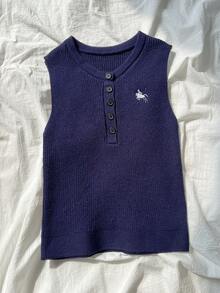 SHEIN Unity Áo len dệt kim thêu thoải mái đa năng - Màu xanh hải quân - Xem 4