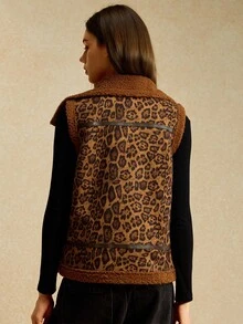 Easelle Chaqueta sin mangas con cremallera y forro térmico con estampado de leopardo, ropa de otoño e invierno para mujeres - Multicolor - Ver 4