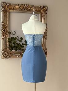 Lovelzi Summer Elegant Romantic Gorgeous Blue Sequin Embroidery Stitching Elastic Knitted Special Collar Herringbone Hip Wrap Twist High Slit Suitable For Dinner Single Party Date Birthday Vacation Back To School Season Graduation Season Afternoon Tea Wedding Event Cocktail Dress, For Valentine's Day - Blue - View 3