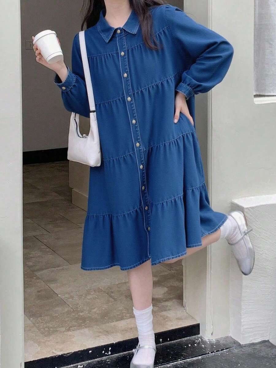 SHEIN 青少年女孩 Y2K 优雅休闲牛仔长裙,纽扣设计和灯笼袖,秋季长袖衬衫裙,纯色优雅简约百搭短裤,秋冬服装套装,女孩返校街头服饰,舒适百搭,适合学校、家居和旅行,荷叶边领溜冰裙 - 深色水洗藍 - 查看 1