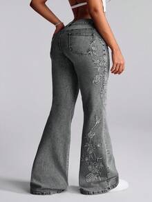 Slaydiva Plus Size Women's Fashion Embroidered Flare Jeans - Grey - View 2