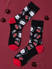 Betty Boop x SHEIN Tất cổ cao đến bắp chân, mềm mại, thoáng khí, thấm hút mồ hôi, thời trang, dễ thương, màu đen anh đào, mũi và gót được gia cố, bền bỉ, phù hợp với mọi mùa, mùa hè, mùa đông - Nhiều màu - Xem 2