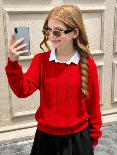 SHEIN 青少年女孩秋冬时尚粗针织提花圆领休闲套头衫，女孩红色套头衫，适合圣诞节、新年