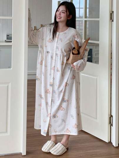 Dazy Plus プラスサイズ かわいいカートゥーンベアパターン ルーズ 長袖 カジュアル ナイトガウン、冬用、ムームー ナイトドレス