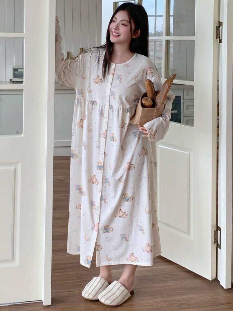 Dazy Plus Plus Size Cute Cartoon Bear Pattern Loose Long Sleeve Casual Nightgown, Winter, Moo Moo Night Dress
