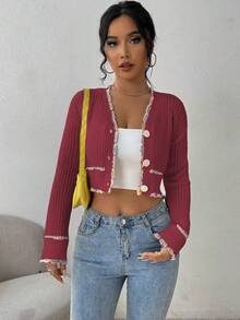 SHEIN LUNE Women's Elegant Drop Shoulder Long Sleeve Single-Breasted Short Knitted Cardigan - Burgundy - View 5