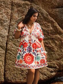 Swim Vcay 大码女式花卉植物印花 V 领性感连衣裙 - 橘色 - 查看 3