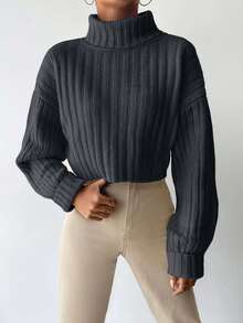 EURMUSE Women's Solid Color High Neck Drop Shoulder Casual Sweater - Grey - View 5