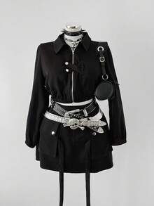 Sunspun Plus Size Vintage Workwear Collared Shirt, Cropped Zip-Up Crop Top Jacket Foromen American Casual Workwear Pocket Skirt With Tie, Mini Bodycon Skirt Foromen, 2-Piece Set - Black - View 6