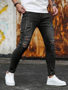 Manfinity LEGND Men's Solid Color Ripped Skinny Pocket Casual Versatile Jeans Men Ripped Frayed Skinny Jeans - Black - View 4