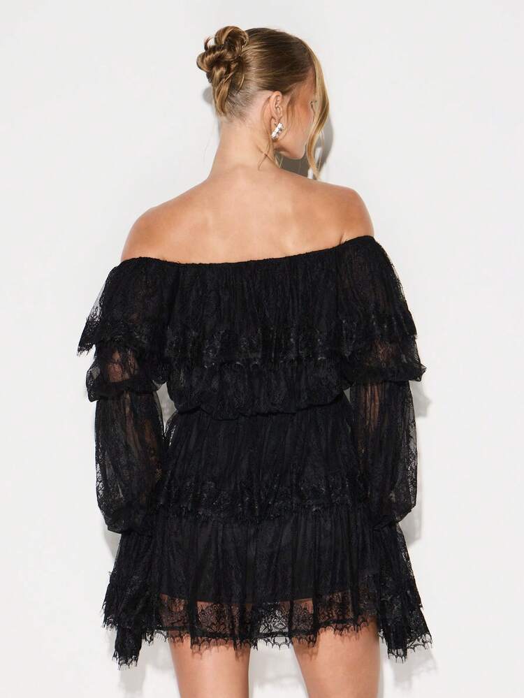 KIZN Off Shoulder Lace Mini Dress With Ruffle Tiers And Long Sleeves For Party Events