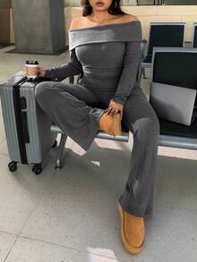 SHEIN EZwear Plus Size Casual & Homewear Minimalist Off Shoulder Ribbed 2 Pieces Set - Dark Grey - View 7