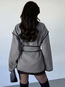 Firerie Damen Lässige elegante Kontrast-Farben Dekorative Strickjacke/Gürtel Taille Kontrast-Farben Feiner Rand Tweed Jacke/Braune Jacke Herbst Damen Kleidung/Herbst Outfits Damen/Winterkleidung für Damen/Winter Outfit für Damen/Schule Outfits Damen/Lehrerbekleidung/Business Lässig Frau